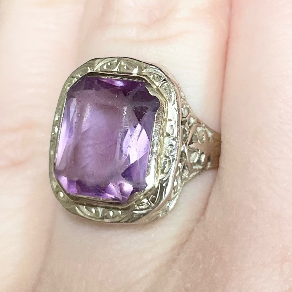 14k Amethyst White Gold Filigree 1920s Antique Purple Emerald Radiant Cu